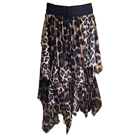 Sacai-Sacai Tan / Brown / Black Leopard Printed Asymmetrical Hem Tiered Midi Skirt-Brown