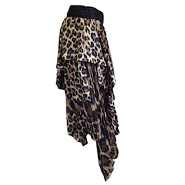 Sacai-Sacai Tan / Marrom / Saia midi em camadas com estampa de leopardo preto e bainha assimétrica-Marrom