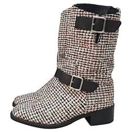 Chanel-CHANEL Tricolor Tweed Buckle Boots-Multiple colors