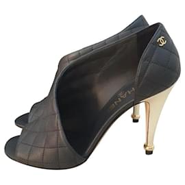 Chanel-Chanel Open Toe Black Quilted Gold Heels-Black