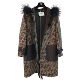 Fendi-Fendi Manteau à bordure en fourrure de laine imprimé logo noir marron-Multicolore
