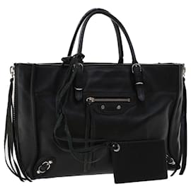 Balenciaga-BALENCIAGA Mini Paper Hand Bag Leather Black Auth hk743-Black