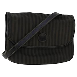 Fendi-FENDI Pecan Canvas Shoulder Bag Leather Black Brown Auth yb229-Brown,Black