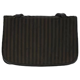Fendi-FENDI Pecan Canvas Shoulder Bag Leather Black Brown Auth yb229-Brown,Black