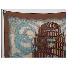 Hermès-RARE HERMES SCARF THE RIVERS OF BABEL IN SILK A. FAIVRE SQUARE 90 SILK SCARF-Brown
