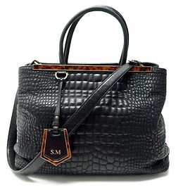 FENDI CABAS HANDBAG 2 Jours 8BH250 BLACK LEATHER CROCO HAND BAG Black