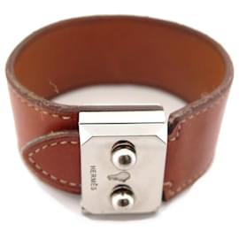 Hermès-BRACELET HERMES SAC A DEPECHE EN CUIR S 18 CM + POCHON BANGLE LEATHER JEWEL-Marron