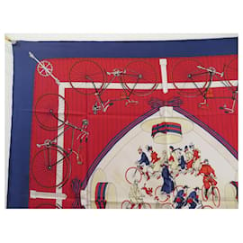 Hermès-VINTAGE FOULARD HERMES LES BECANES GRYGKAR CARRE 90 SOIE BLEU SILK SCARF-Bleu Marine