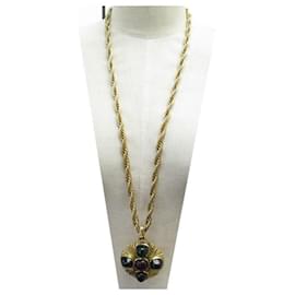 Chanel-VINTAGE COLLIER CHANEL GRIPOIX MEDAILLON CABOCHONS PATE DE VERRE CHAINE NECKLACE-Doré