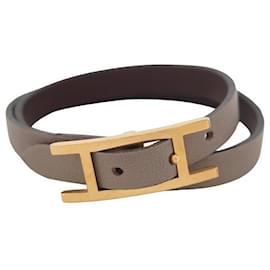 Hermès-HERMES BEHAPI lined WRAP BRACELET IN BORDEAUX ETOUPE LEATHER 16-18 BANGLE STRAP-Taupe