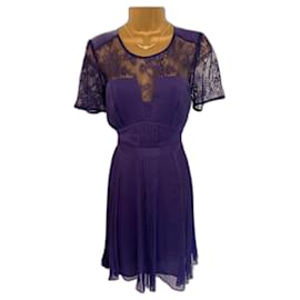 Whistles-Whistles Clara Robe violette plissée en mousseline de soie et dentelle à manches courtes pour femme UK 8 UE 36-Violet