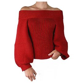 Oscar de la Renta Roter, glitzernder Rippstrickpullover aus Wollmischung – Größe S Rot