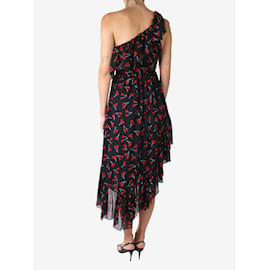 Saint Laurent-Schwarzes One-Shoulder-Kleid mit Kirsch-Georgette-Print – Größe FR 36-Schwarz