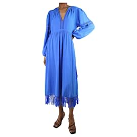 Ulla Johnson-Blue silk puff-sleeved fringed midi dress - size UK 6-Blue