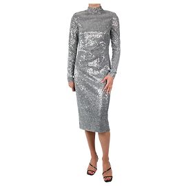 Rebecca Vallance Silver high-neck sequin midi dress - size UK 12 Silvery