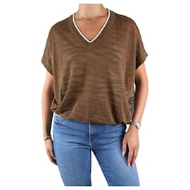 Brunello Cucinelli-Brown sleevless v-neck jewel sweater - size M-Brown