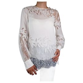 Oscar de la Renta Top de manga comprida em renda branca com deslizamento - tamanho UK 8 Branco