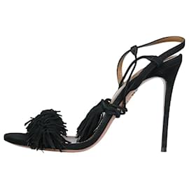 Aquazzura-Black suede fringed sandal heels- size EU 38.5-Black