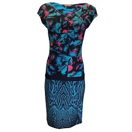 Roberto Cavalli Azul / Vestido midi elástico de punto con estampado multicolor rosa Multicolor