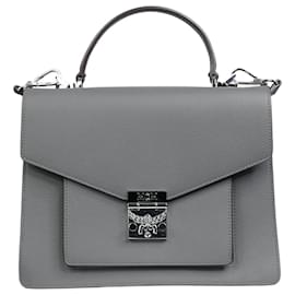 MCM-Bolso con asa superior de piel texturizada gris con herrajes plateados-Otro