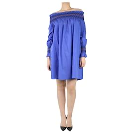 Maje-Blue off the shoulder shirred mini dress - size UK 10-Blue