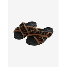Fendi-Brown branded furry strap flats - size EU 42-Brown