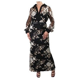 Badgley Mischka Robe longue noire à manches longues avec fleurs à paillettes - taille UK 14 Noir