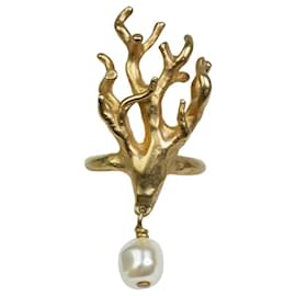 Christian Dior-Anel de árvore em ouro com gota de pérola-Dourado
