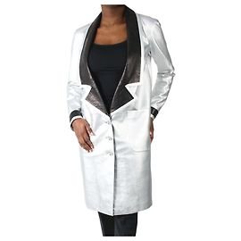 Chanel Silver long-length leather button-up coat with pockets - size FR 40 Other