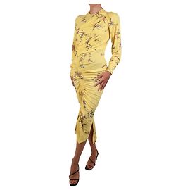 Preen Gelbes gerafftes Midikleid mit Blumendruck – Größe S Gelb