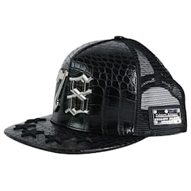 Philipp Plein-Black croc skin hat with star embroidery and metal detail-Other