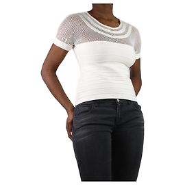 Herve Leger Cremefarbenes Kurzarm-Spitzentop – Größe M Roh