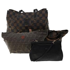 Fendi-FENDI Pecan Canvas Hand Bag Shoulder Bag Nylon 4Set Brown Black Auth bs6444-Brown,Black