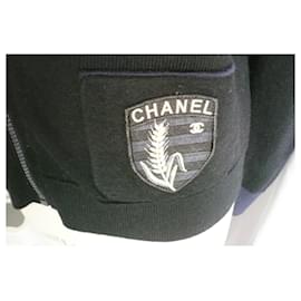Chanel-CHANEL Colete preto com zíper azul atributos bom estado TS-Preto