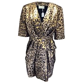 Autre Marque-Sara Battaglia Gold Metallic / Black Leopard Printed Wrap Dress-Golden