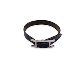 Hermès-Bracelet Hermes Cuir Noir Hapi Single Tour Boucle Palladium-Noir
