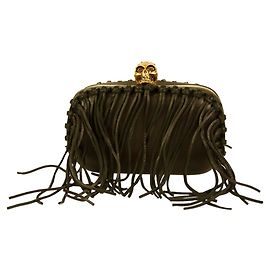 Alexander McQueen Black Leather Fringe Crystal Studded Gold Skull Clasp Clutch Black