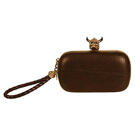 Alexander McQueen Black Leather Viking Crystal Studded Silver Skull Clasp Clutch Black