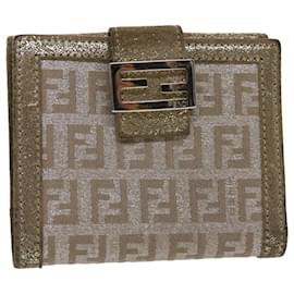 Fendi-FENDI Zucchino Canvas Geldbörse Gold Silber Auth 47197-Silber,Golden