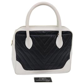 Chanel-CHANEL V Stitch Hand Bag Lamb Skin White Black CC Auth bs6661-Black,White