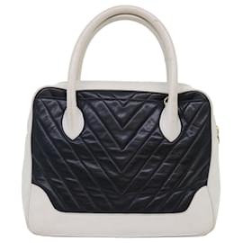 Chanel-CHANEL V Stitch Hand Bag Lamb Skin White Black CC Auth bs6661-Black,White