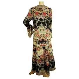 Camilla-Stampa cinese mandarino Camilla con perline 100% Abito lungo in seta con maniche lunghe a campana S-Multicolore