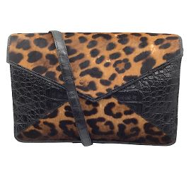 Nancy Gonzalez Negra / Bolsa de ombro de couro de bezerro com estampa de leopardo marrom e pele de crocodilo Preto