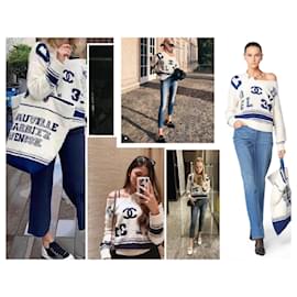 Chanel-Suéter tipo jersey con logo universitario icónico de bouclé-Azul,Beige,Crema