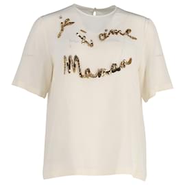 Dolce & Gabbana-Dolce & Gabbana Embellished T-shirt in Beige Silk-Brown,Beige