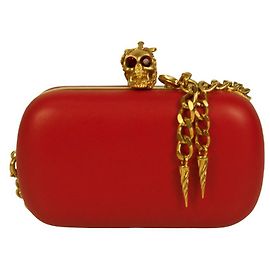 Alexander McQueen Red Leather Crystal Studded Gold Stabbed Skull Clasp Clutch Red