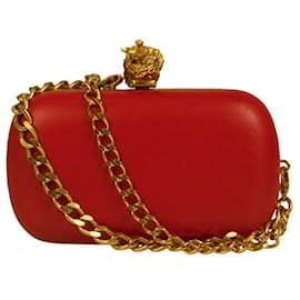Alexander Mcqueen-Alexander McQueen Red Leather Crystal Studded Gold Stabbed Skull Clasp Clutch-Red