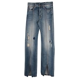 Off White-Off-White Distressed Straight Leg Denim Jeans in Blue Cotton-Blue
