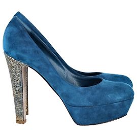 Sergio Rossi Accent Heel Pumps in Blue Suede Blue