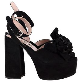 Miu Miu Floral Applique Platform Sandals in Black Suede Black